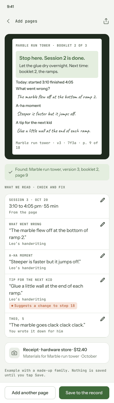 A phone after photographing booklet 2, page 9: the session time, what went wrong, the A-ha moment and a tip for the next kid read from the child’s handwriting, a note a parent wrote for a five-year-old, and a hardware store receipt